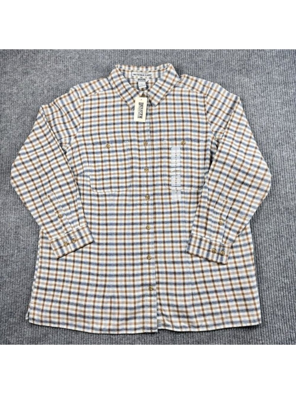 Duluth Trading Free Swingin Flannel Shirt Womens 1X Tan Blue Plaid Button Front